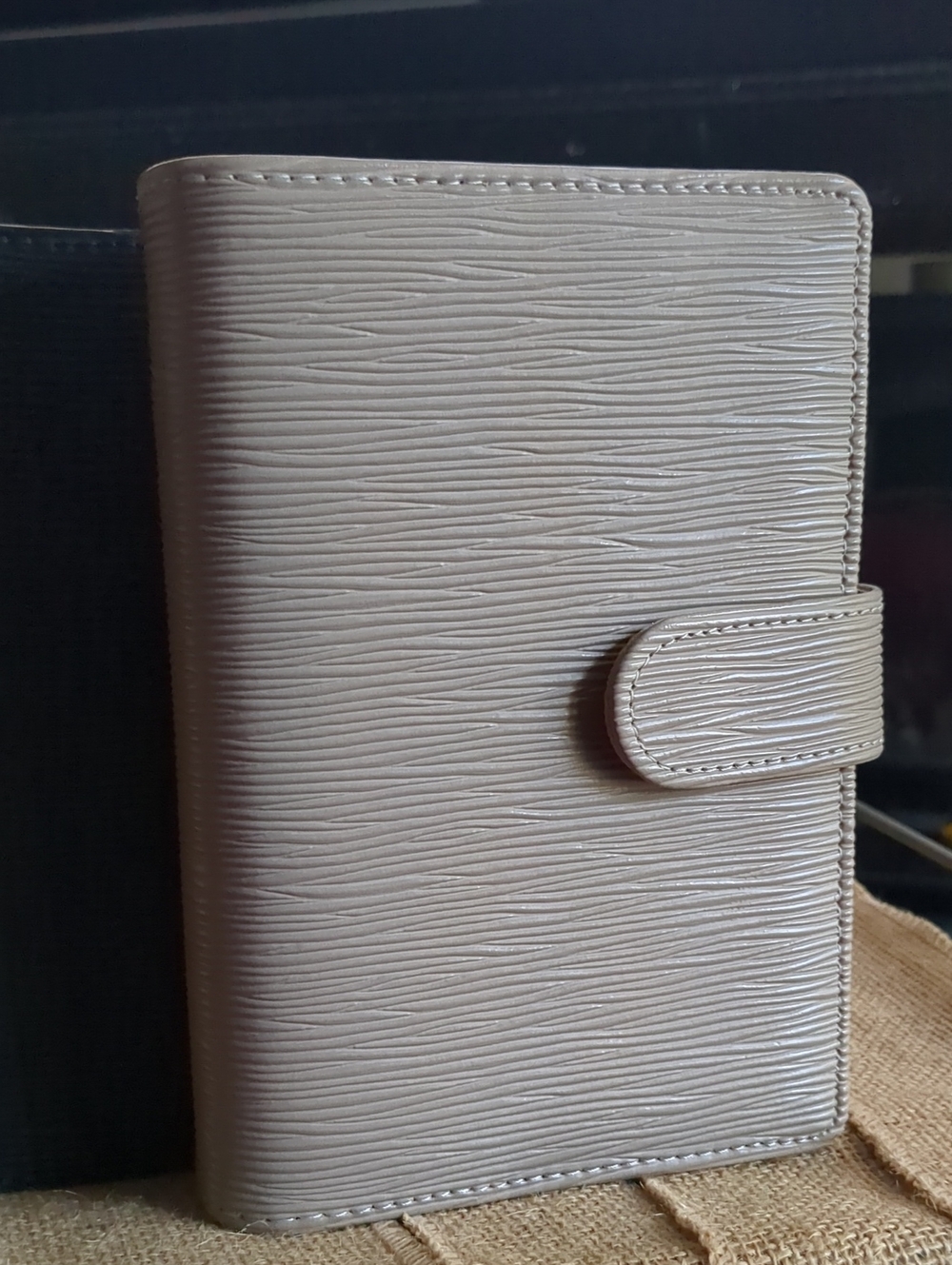 A6 Saffiano Binder In Taupe with Gold Hardware.